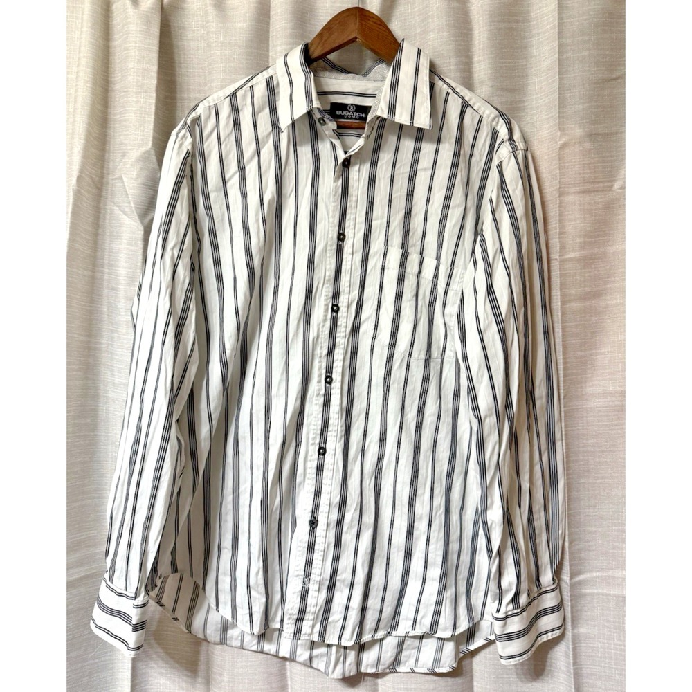 Mens Bugatchi UOMO Shirt Adult XL White & Black Striped Button Up Long Sleeve‎